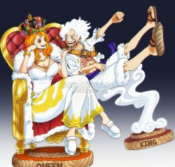 Rule 34 | 1boy, 1girl, board game, breasts, chess, chess piece, cleavage, couple, dress, gear fifth, gomu gomu no mi, highres, king (chess), large breasts, monkey d. luffy, muscular, muscular male, nami (one piece), one piece, queen, queen (chess), royal robe, shampowrado, shirt, smile, throne, white dress, white shirt
