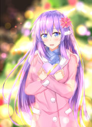 Rule 34 | 1girl, :d, alternate costume, alternate hairstyle, blue eyes, blue scarf, blush, christmas, christmas tree, coat, commentary, cowboy shot, flower, gift, hair flower, hair ornament, heart, highres, holding, holding gift, long hair, looking at viewer, muwa12, neptune (series), open mouth, pink coat, power symbol, power symbol-shaped pupils, purple hair, purple heart (neptunia), scarf, smile, symbol-shaped pupils, very long hair