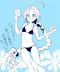 Rule 34 | 10s, 1girl, ahoge, bikini, blue background, blush stickers, braid, catherine blueangel, flat chest, floral background, hair ornament, hair ribbon, heavy object, ishiwari, leg up, legs, looking at viewer, monochrome, navel, novel (object), ribbon, single braid, smile, standing, standing on one leg, swimsuit, thighs
