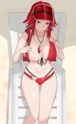 Rule 34 | 1girl, absurdres, artist request, blue eyes, breasts, code geass, commentary, hat, heart, highres, kouzuki kallen, large breasts, looking at viewer, lying, nail polish, nipples, open clothes, red hair, red nails, shiny skin, solo, swimsuit, visor cap