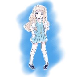 Rule 34 | 1girl, :d, blonde hair, blue uniform, brown eyes, cross channel, highres, loafers, long hair, looking at viewer, miniskirt, open mouth, raised eyebrows, school uniform, shoes, short sleeves, simple background, sketch, skirt, smile, socks, solo, totomono, white socks, wide-eyed, yamanobe miki