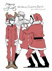 Rule 34 | 10s, 3boys, aldnoah.zero, antlers, artist name, boots, character name, christmas, cruhteo, dated, full body, hat, heart, highres, horns, long sleeves, looking at another, male focus, merry christmas, monochrome, multiple boys, red theme, reindeer antlers, saazbaum, santa costume, shimura takako, simple background, slaine troyard, spot color, white background