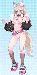 Rule 34 | 1girl, :3, absurdres, animal collar, animal ear fluff, animal ears, bandaid, bandaid hair ornament, bare shoulders, belt, bikini, black collar, black jacket, blonde hair, blue eyes, breasts, brown socks, collar, cropped jacket, crossed bangs, dog ears, dog girl, dog tail, double-parted bangs, fake horns, fishnet socks, fishnets, fur-trimmed jacket, fur trim, hair between eyes, hair intakes, hair ornament, hairband, headphones, headphones around neck, highres, hololive, hololive english, horns, jacket, kneehighs, looking at viewer, micro bikini, mococo abyssgard, mococo abyssgard (1st costume), multicolored hair, navel, open clothes, open jacket, pink belt, pink eyes, pink hair, pink hairband, pink nails, shoes, short hair, small breasts, sneakers, socks, spiked collar, spikes, streaked hair, swimsuit, tail, thighs, two side up, virtual youtuber, waterring, white bikini, white footwear, x hair ornament