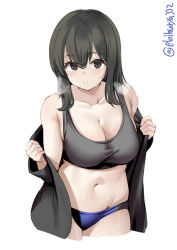 Rule 34 | 1girl, akitsu maru (kancolle), black jacket, black sports bra, blush, breasts, cleavage, collarbone, cowboy shot, cropped legs, ebifurya, groin, hair between eyes, highres, jacket, kantai collection, large breasts, long sleeves, looking at viewer, navel, open clothes, open jacket, open mouth, pale skin, short hair, simple background, solo, sports bra, twitter username, white background