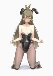 Rule 34 | 1girl, absurdres, ahoge, alternate costume, animal ears, bad id, bad twitter id, black leotard, blush, breasts, brown eyes, brown hair, cleavage, fake animal ears, feather hair ornament, feathers, full body, hair ornament, hairclip, highres, hololive, hololive english, kneeling, kon (07263545), leotard, long hair, looking at viewer, medium breasts, multicolored hair, nanashi mumei, no shoes, pantyhose, playboy bunny, ponytail, rabbit ears, small breasts, solo, strapless, strapless leotard, streaked hair, very long hair, virtual youtuber