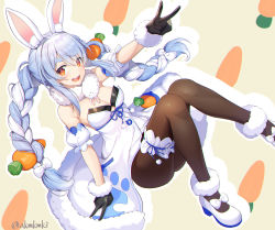 Rule 34 | 1girl, absurdres, akamoku, animal ear fluff, animal ears, armband, bad id, bad pixiv id, black gloves, black pantyhose, blue hair, braid, breasts, bridal garter, carrot hair ornament, carrot print, cleavage, commentary, dress, floating, food-themed hair ornament, food print, frilled armband, frills, fur-trimmed dress, fur-trimmed gloves, fur collar, fur trim, gloves, hair ornament, highres, hololive, long hair, looking at viewer, medium breasts, multicolored hair, open mouth, orange eyes, outline, pantyhose, print dress, rabbit ears, rabbit girl, shoes, short dress, smile, solo, strapless, strapless dress, thick eyebrows, twin braids, twitter username, two-tone hair, usada pekora, v, virtual youtuber, white dress, white footwear, white hair, white outline