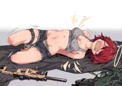 Rule 34 | 1girl, ^ ^, arknights, bare legs, bare shoulders, bdsm, black shorts, bondage, bound, breasts, cleavage, closed eyes, commentary request, crop top, cuffs, exusiai (arknights), unworn eyewear, gag, glasses, gun, halo, handcuffs, hogtie, improvised gag, kataokasan, lying, medium breasts, midriff, navel, neglect play, red hair, rifle, short hair, short shorts, shorts, solo, sports bra, stomach, tape, tape gag, tears, thigh strap, thighs, weapon, white background