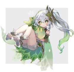 Rule 34 | 1girl, absurdres, cape, detached sleeves, full body, genshin impact, green cape, green hair, hair ornament, highres, hug, kino (m6t2a), leaf, leaf on head, looking at viewer, multicolored hair, nahida (genshin impact), side ponytail, simple background, slime (genshin impact), smile, streaked hair, symbol-shaped pupils, white footwear, white hair