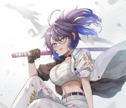 Rule 34 | 1girl, ahoge, belt, black-framed eyewear, black belt, black choker, black gloves, black hair, black jacket, blue eyes, blue hair, blush, breasts, chest sarashi, choker, clothes writing, commentary request, dragon, glasses, gloves, highres, holding, holding weapon, indie virtual youtuber, jacket, jiang shennong, kson, large breasts, looking at viewer, looking to the side, midriff, mole, mole under eye, multicolored clothes, multicolored hair, multicolored jacket, open clothes, open jacket, panties, petals, ponytail, puffy sleeves, round eyewear, sarashi, semi-rimless eyewear, sitting, solo, souchou, strapless, studded belt, studded choker, tongue, tube top, two-tone hair, two-tone jacket, under-rim eyewear, underwear, virtual youtuber, weapon, white jacket, white panties, wind