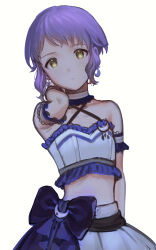 Rule 34 | 1girl, arm behind head, arm up, armband, blue armband, blue bow, bow, choker, commentary request, crescent, crop top, dot nose, expressionless, frilled shirt, frills, highres, idolmaster, idolmaster million live!, looking at viewer, makabe mizuki, midriff, mimizubare, purple hair, shirt, short hair, sidelocks, skirt, solo, waist bow, wavy hair, white background, white choker, white shirt, white skirt, yellow eyes