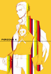Rule 34 | 1boy, atlus, belt, bullet, chair, clenched hand, ear piercing, earrings, folding chair, jacket, jacket on shoulders, jewelry, jolly roger, long sleeves, looking at viewer, male focus, monochrome, necklace, orange background, pants, persona, persona 4, piercing, sawa, scar, skull and crossbones, solo, standing, tatsumi kanji