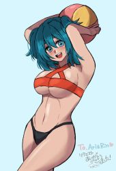 Rule 34 | aria rin, armpits, ball, beachball, bikini, blue eyes, blue hair, breasts, commission, highres, indie virtual youtuber, large breasts, original, short hair, skeb commission, smile, stomach, suguru szk, swimsuit, thick eyebrows, thick thighs, thighs, underboob, virtual youtuber