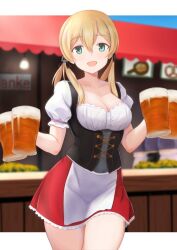 Rule 34 | 1girl, alternate costume, anchor hair ornament, aqua eyes, barmaid, beer mug, blonde hair, breasts, cleavage, cowboy shot, cup, dirndl, frilled skirt, frills, german clothes, hair ornament, highres, holding, holding cup, kantai collection, kotou yogen, long hair, low twintails, medium breasts, mug, oktoberfest, open mouth, prinz eugen (kancolle), red skirt, skirt, solo, twintails, underbust
