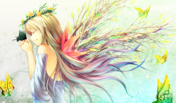 Rule 34 | 1girl, back, bare back, blonde hair, bug, butterfly, closed eyes, flower, gradient hair, head wreath, insect, light smile, long hair, multicolored hair, original, own hands clasped, own hands together, profile, purple hair, smile, solo, wings, yoshino ryou, yuri-chan