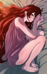 1girl absurdres ass barefoot bed_sheet blush eris_greyrat fetal_position full_body highres kou_(spad7u59) lingerie long_hair looking_at_viewer lying mushoku_tensei negligee nightgown on_side parted_lips pink_nightgown red_eyes red_hair solo thighs underwear very_long_hair