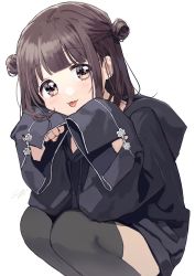 Rule 34 | 1girl, :p, absurdres, black hoodie, black thighhighs, blush, brown hair, closed mouth, commentary request, double bun, feet out of frame, hair bun, hands up, highres, hood, hood down, hoodie, long sleeves, looking at viewer, nanase kurumi (menhera-chan), original, pomu (joynet), signature, simple background, sleeves past fingers, sleeves past wrists, smile, solo, squatting, thighhighs, tongue, tongue out, white background, yellow eyes