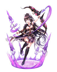 Rule 34 | 1girl, armlet, armor, arrow (projectile), bad id, bad pixiv id, belt, black cape, black hair, black thighhighs, bow, bow (weapon), breasts, brown hair, cape, cleavage, fantasy, full body, hair bow, highres, holding, holding bow (weapon), holding weapon, long hair, lunacle, magic circle, medium breasts, open mouth, original, pleated skirt, ponytail, purple eyes, quiver, skirt, solo, standing, standing on one leg, thighhighs, very long hair, weapon, white background, white bow