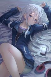 Rule 34 | 1girl, absurdres, aran (aran0127), bare legs, bed, black shirt, blue eyes, blue jacket, blush, cellphone, collarbone, film grain, hair between eyes, headphones, headphones removed, highres, holding, holding own hair, indoors, jacket, long hair, long sleeves, looking at viewer, lying, on back, on bed, parted lips, phone, project sekai, shirt, short shorts, shorts, sidelocks, sleeves past wrists, smartphone, solo, t-shirt, thighs, unzipped, white hair, yoisaki kanade