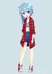 Rule 34 | 1girl, :d, blue eyes, blue hair, blush, fang, full body, kantai collection, minazuki (kancolle), nagasioo, open mouth, plaid, plaid shirt, shirt, shoes, short hair with long locks, shorts, smile, sneakers, solo, standing, twitter username
