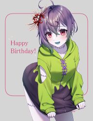 Rule 34 | 1girl, absurdres, bare legs, blue tongue, character request, clothes pull, colored skin, colored tongue, green hood, green hoodie, grey skin, happy birthday, highres, hood, hoodie, indie virtual youtuber, long sleeves, open mouth, pulled by self, purple hair, red eyes, sakura chiyo (konachi000), tongue, virtual youtuber