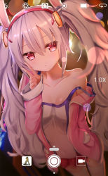 Rule 34 | 1girl, animal ears, azur lane, blurry, bokeh, breasts, camisole, collarbone, depth of field, fake animal ears, hair between eyes, highres, laffey (azur lane), looking at viewer, medium breasts, red eyes, solo, thighhighs, tou tou, twintails, user interface, v, viewfinder, white hair, white thighhighs