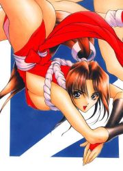 Rule 34 | 1girl, ass, black eyes, breasts, bridal gauntlets, brown hair, fatal fury, keisuke komuro, long hair, pelvic curtain, ponytail, revealing clothes, rope, shiranui mai, sideboob, snk, solo, the king of fighters