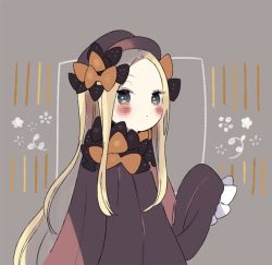Rule 34 | 1girl, abigail williams (fate), black bow, black dress, black hat, blonde hair, blue eyes, blush, bow, closed mouth, dress, fate/grand order, fate (series), forehead, futong jun, grey background, hair bow, hand up, hat, long hair, long sleeves, orange bow, parted bangs, polka dot, polka dot bow, sleeves past fingers, sleeves past wrists, solo, very long hair