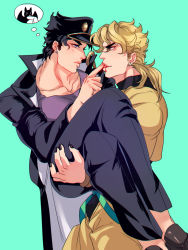 Rule 34 | 2boys, black hair, blonde hair, blood, blood in mouth, carrying, crotchless, crotchless pants, dio brando, finger sucking, gakuran, jacket, jojo no kimyou na bouken, kuujou joutarou, less end, long coat, male focus, mullet, multiple boys, muscular, muscular male, pants, princess carry, red eyes, school uniform, shirt, stardust crusaders, tight clothes, tight shirt, yellow jacket