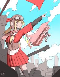 Rule 34 | 1girl, absurdres, adapted costume, aircraft, airplane, biplane, black shirt, blonde hair, cloud, cloudy sky, flandre scarlet, goggles, goggles on headwear, helmet, highres, jacket, long sleeves, necktie, pointing, red eyes, red jacket, red skirt, rubble, shirt, skirt, sky, smile, solo, touhou, vanilla flan, yellow necktie