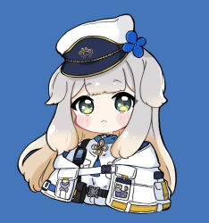 Rule 34 | 1girl, :&lt;, blue background, blush stickers, brown hair, chibi, closed mouth, commentary, cropped torso, green eyes, grey hair, hat, highres, jacket, long hair, looking at viewer, multicolored hair, nijisanji, nozo (hitomiz), off shoulder, open clothes, open jacket, peaked cap, shioriha ruri, shirt, simple background, solo, tilted headwear, two-tone hair, upper body, very long hair, virtual youtuber, white hat, white jacket, white shirt