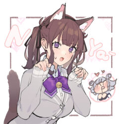 Rule 34 | 2girls, ^ ^, ^p^, animal ear fluff, animal ears, blush, bow, bowtie, breasts, brown hair, buttons, cat ears, cat tail, cevio, closed eyes, commentary request, fake animal ears, fang, grey hair, hair ribbon, heart, koharu rikka, large breasts, long hair, long sleeves, looking at viewer, multiple girls, natsuki karin, nyan, open mouth, purple bow, purple bowtie, purple eyes, ribbon, shirinda fureiru, simple background, sleeves past wrists, sweat, synthesizer v, tail, twintails