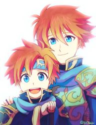 Rule 34 | 2boys, armor, blue armor, blue eyes, cape, cosplay, durandal (fire emblem), eliwood (fire emblem), eliwood (fire emblem) (cosplay), father and son, fire emblem, fire emblem: the binding blade, fire emblem: the blazing blade, fire emblem heroes, headband, looking at viewer, male focus, multiple boys, nintendo, official alternate costume, red hair, roy (fire emblem), short hair, simple background, smile, sword, weapon, white background
