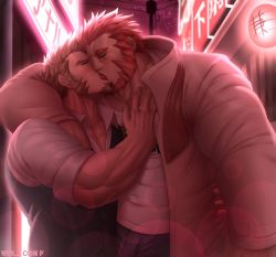 Rule 34 | 2boys, abs, alternate costume, arm hair, arm over shoulder, bara, beard, blush, body hair, brown hair, chest hair, coat, commission, commissioner upload, closed eyes, f con, facial hair, fate/grand order, fate/zero, fate (series), french kiss, grabbing, hand on another&#039;s chest, hand on another&#039;s waist, highres, holding hands, iskandar (fate), kiss, large pectorals, light bulb, long sideburns, long sleeves, male focus, manly, multiple boys, muscular, napoleon bonaparte (fate), official alternate costume, open clothes, open vest, pants, pectoral grab, pectorals, red hair, scarf, shirt, sideburns, t-shirt, vest, yaoi