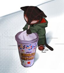 Rule 34 | animal, animal focus, cat, commentary, cup, drinking straw, english commentary, english text, from above, full body, green jacket, grey background, grimace shake (meme), highres, hood, hood down, hooded jacket, hoodie, jacket, long sleeves, marvel, mask, mcdonald&#039;s, meme, meows morales, no humans, shadow, shinkomi, shoelaces, shoes, solo, spider-man: across the spider-verse, spider-man (series), spider-verse, standing, tail, white background