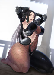 Rule 34 | 1girl, armpits, arms behind head, arms up, black hair, breasts, brown eyes, forehead, highres, large breasts, limeblock, long hair, open mouth, original, parted bangs, ponytail, sidelocks, sitting, solo, thick thighs, thighs, wariza