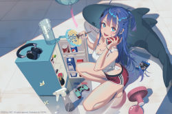 Rule 34 | 1girl, :d, blu-ray cover, blue eyes, blurry, blurry foreground, blush, bottle, braid, breasts, can, cleavage, coca-cola, controller, copyright request, cover, depth of field, dolphin shorts, drink can, dualshock, electric fan, fingernails, french braid, from side, game controller, gamepad, gradient hair, hair ornament, hand fan, headphones, headphones removed, highres, holding, holding fan, hot, ice, ice cube, ikea shark, long hair, looking at viewer, medium breasts, milk carton, multicolored hair, nail polish, open mouth, paper fan, pepsi, pink nails, pitcher (container), playstation controller, ponytail, purple hair, red pupils, refrigerator, round teeth, shirt, shorts, smile, soda can, solo, spray bottle, squatting, stuffed animal, stuffed shark, stuffed toy, sweat, teeth, tied shirt, toenail polish, toenails, vofan, white shirt, wind chime