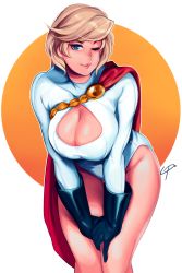 Rule 34 | 1girl, black gloves, blonde hair, blue eyes, bodysuit, breasts, cape, cleavage, cleavage cutout, clothing cutout, dc comics, gloves, hip focus, large breasts, leaning forward, leotard, light smile, lips, looking at viewer, loyproject, one eye closed, power girl, red cape, short hair, signature, simple background, solo, standing, superman (series), swept bangs, thighs, white background, white leotard