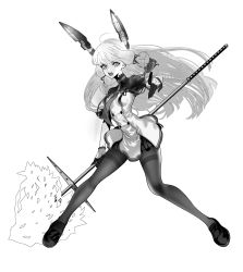 Rule 34 | 1girl, ahoge, anno88888, blunt bangs, breasts, dress, gloves, greyscale, hair ribbon, headgear, highres, holding, holding weapon, kantai collection, long hair, monochrome, murakumo (kancolle), murakumo kai ni (kancolle), necktie, open mouth, pantyhose, polearm, ribbon, short sleeves, simple background, small breasts, solo, thighband pantyhose, tress ribbon, weapon