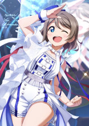 Rule 34 | 1girl, birthday, blue eyes, character name, check commentary, clenched hand, commentary request, dated, english text, grey hair, happy birthday, hat, highres, looking at viewer, love live!, love live! sunshine!!, one eye closed, salute, shiimai, short hair, sidelocks, solo, watanabe you, wristband