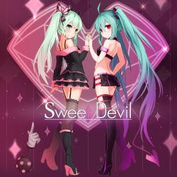 Rule 34 | 2girls, ahoge, aqua hair, ass, black footwear, black thighhighs, boots, butt crack, butterfly hair ornament, copyright name, demon tail, dual persona, from behind, garter straps, green eyes, green hair, hair ornament, hatsune miku, high heel boots, high heels, highres, holding hands, honey whip (module), knee boots, lace, lace-trimmed legwear, lace trim, long hair, looking back, multiple girls, project diva (series), project diva f, red eyes, skirt, sweet devil (vocaloid), tail, takanashie, thigh boots, thighhighs, twintails, very long hair, vocaloid, zettai ryouiki