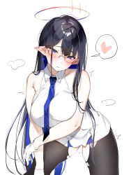 Rule 34 | 1girl, black hair, black pantyhose, blue archive, blue hair, blue necktie, breasts, dress, glasses, gloves, halo, head tilt, heart, karan, large breasts, leaning forward, long hair, looking at viewer, multicolored hair, necktie, pantyhose, pointy ears, rin (blue archive), semi-rimless eyewear, simple background, sleeveless, sleeveless dress, solo, spoken heart, steam, straight hair, suggestive fluid, torn clothes, torn pantyhose, trembling, two-tone hair, very long hair, white background, white dress, white gloves