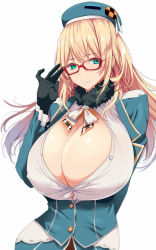 Rule 34 | 10s, 1girl, atago (kancolle), beret, bespectacled, black gloves, blonde hair, blush, bow, bowtie, breasts, bursting breasts, buttons, cleavage, covered erect nipples, dress, eyebrows, frills, fur collar, fur trim, glasses, gloves, green eyes, green hat, green skirt, hair between eyes, hat, highres, huge breasts, kantai collection, kloah, long hair, long sleeves, looking at viewer, military, military uniform, open clothes, open shirt, red-framed eyewear, rimless eyewear, shirt, showgirl skirt, skirt, skirt set, solo, taut clothes, taut shirt, uniform, upper body, white bow, white shirt
