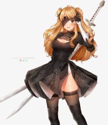 Rule 34 | 1girl, ahoge, ao no kanata no four rhythm, artist name, black blindfold, black dress, black gloves, black ribbon, black thighhighs, blindfold, blonde hair, blush, boots, breasts, brown eyes, cleavage cutout, clothing cutout, commission, deviantart logo, dress, feather-trimmed sleeves, gloves, hair ornament, hair ribbon, high heel boots, high heels, highleg, highleg leotard, highres, holding, holding weapon, instagram logo, juliet sleeves, katana, large breasts, leather, leather boots, leotard, long hair, long sleeves, looking at viewer, nier:automata, nier (series), nipples, puffy sleeves, puppypaww, ribbon, satouin reiko, simple background, smile, solo, sword, teeth, thigh boots, thighhighs, thighhighs under boots, twitter logo, two-sided fabric, two-sided skirt, upper teeth only, weapon, weapon on back, white background, white leotard, 2b (nier:automata)