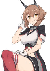 Rule 34 | 1girl, black coat, black skirt, breasts, brown hair, coat, commentary request, gloves, green eyes, hairband, highres, kantai collection, large breasts, looking at viewer, midriff, miniskirt, mutsu (kancolle), red thighhighs, sakikumo (sakumo), short hair, simple background, skirt, solo, thighhighs, white background, white gloves
