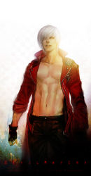 Rule 34 | 1boy, capcom, copyright name, dante (devil may cry), devil may cry, devil may cry (series), devil may cry 3, fingerless gloves, gloves, groin, j (onose1213), jacket, male focus, open clothes, open jacket, realistic, red jacket, short hair, solo, white hair
