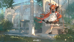 1girl absurdres ahoge apron arms_behind_head bird blue_eyes blue_sky broom bucket commentary commentary_request day double_bun earrings fountain garden grass greenhouse hair_bun halo high_heels highres huge_ahoge jewelry leaf long_hair maid maid_apron original outdoors pillar plant platform_footwear platform_heels pointy_ears red_hair scenery sky solo toto_(caaaaarrot) tree very_long_hair water