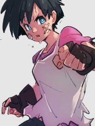 Rule 34 | 1girl, bandaid, bandaid on face, black gloves, black hair, blue eyes, dragon ball, dragonball z, fingerless gloves, gloves, grey background, kemachiku, looking at viewer, open mouth, short hair, simple background, solo, torn clothes, videl