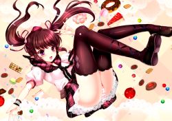 Rule 34 | 1girl, black thighhighs, brown hair, cake, candy, candy apple, cellphone, checkered clothes, checkered skirt, cross-laced footwear, falling, female focus, food, hat, himekaidou hatate, lace, legs, lollipop, long hair, long legs, m/, macaron, mary janes, necktie, open mouth, panties, pantyshot, petticoat, phone, pointy ears, purple eyes, sadakofxe, shoes, skirt, smile, solo, striped clothes, striped panties, thighhighs, tokin hat, touhou, twintails, underwear, upskirt, wrist cuffs
