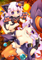 Rule 34 | 2girls, animal ears, animal hands, arm up, arms up, bikini, bikini top only, black skirt, blush, boots, breasts, cat ears, cat tail, character request, cleavage, collarbone, dengeki hime, detached sleeves, embarrassed, fang, fingerless gloves, flat chest, from above, gloves, hair ornament, hairclip, halloween, halloween costume, hat, jack-o&#039;-lantern, jewelry, kentei, knee boots, knees together feet apart, koihime musou, kuwada yuuki, leaning forward, long hair, looking up, multiple girls, navel, necklace, official art, open mouth, orange legwear, paw gloves, paw pose, paw shoes, pink hair, purple eyes, shoes, skirt, smile, striped clothes, striped legwear, striped thighhighs, swimsuit, tail, thighhighs, watermark, witch hat
