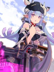 Rule 34 | 1girl, animal ears, animal print, bare shoulders, bikini, blue hair, blue sky, breasts, catura (granblue fantasy), cleavage, cow ears, cow girl, cow hat, cow horns, cow print, day, detached collar, detached sleeves, draph, ear piercing, granblue fantasy, highres, horns, large breasts, long hair, looking at viewer, motor vehicle, motorcycle, nino (shira), open mouth, piercing, pointy ears, purple eyes, see-through, short shorts, shorts, sky, solo, sparkle, swimsuit, thighhighs, thighs, white bikini, white shorts, wide sleeves